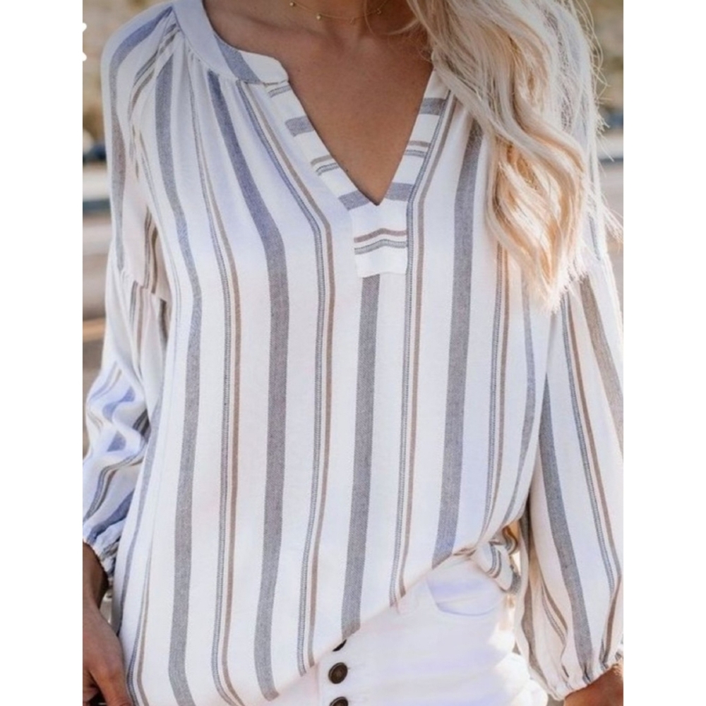Lovestitch Split Neck Striped Popover Top Off White Size L
